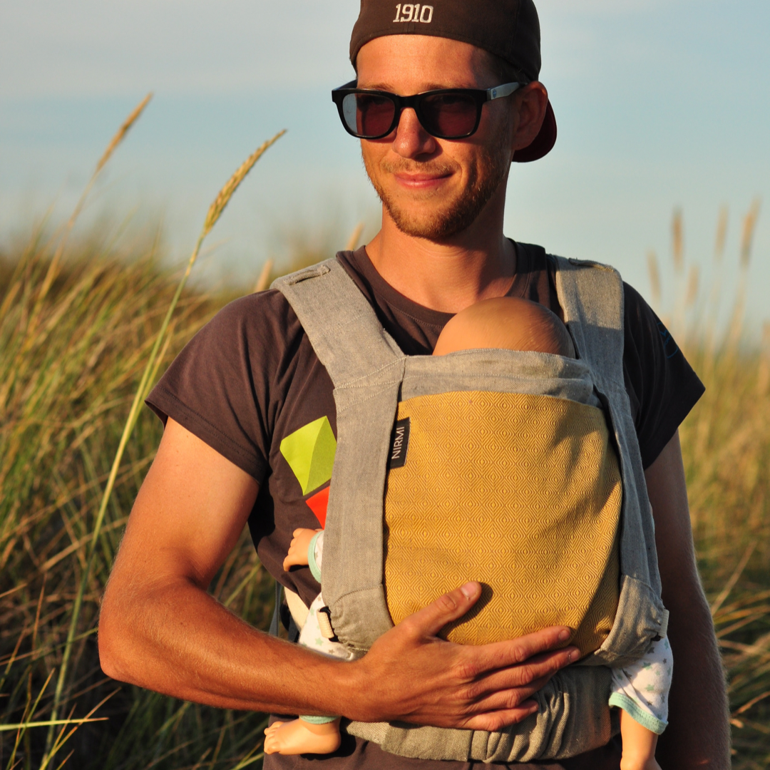 NIRMI Babytrage aus Leinen & Wolle, mit Patch Diamante Senf (Mexiko)